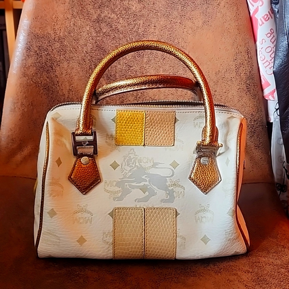 Authentic MCM Visetos Leather-Trimmed Boston Bag